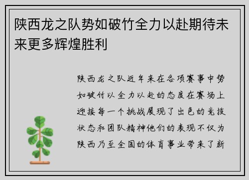陕西龙之队势如破竹全力以赴期待未来更多辉煌胜利